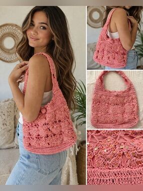 Peach orange Crochet Sequin Hobo Bag Boho Floral Shoulder Purse